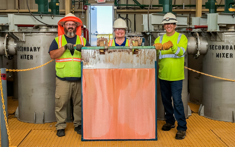 The first copper cathode harvest from Florence Copper’s production test facility in April 2019. Courtesy of Taseko Mines